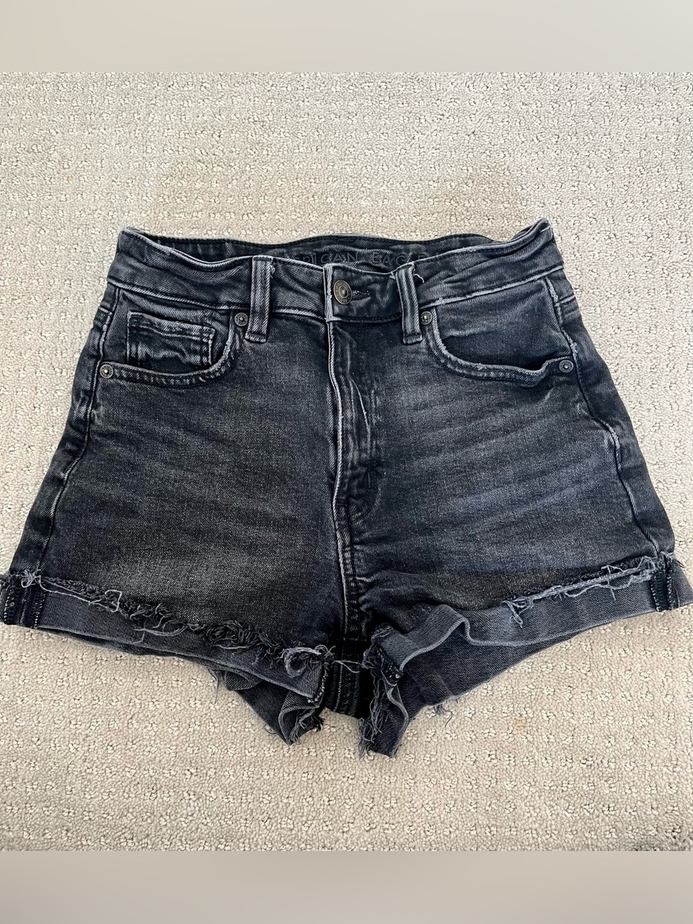 American Eagle Black Denim High-Rise Frayed Hem Shorts